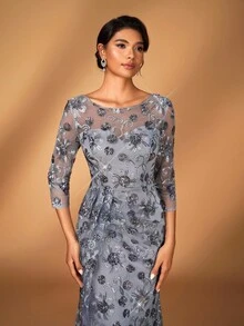 Serin 优雅奢华灰色亮片刺绣亮片串珠圆领褶饰裹身中长连衣裙，适合晚会、约会、音乐节、舞会、婚礼、新娘母亲礼服 - 灰色 - 查看 5