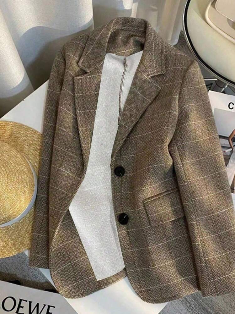 Franclia Women's Lapel Collar Long Sleeve Plaid Business Suit Jacket Fall Cloth For Women - Coffee Brown - View 1