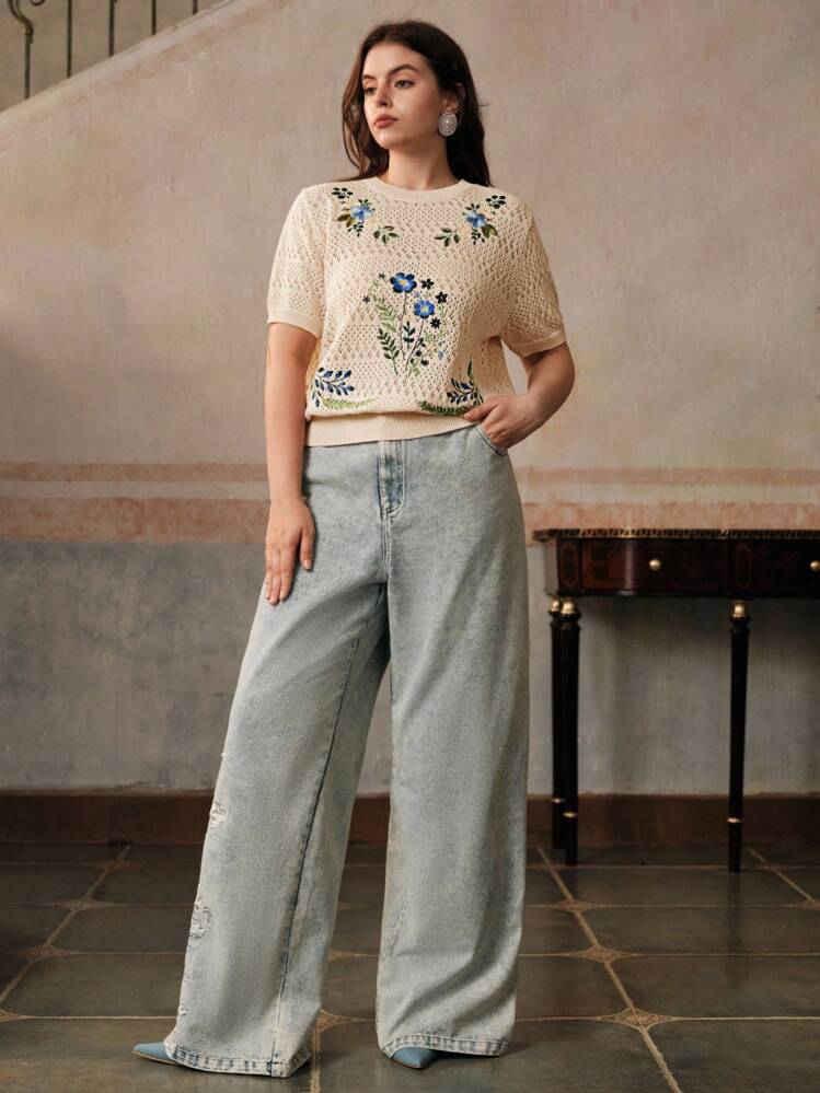 Anewsta Premium Vintage Embroidered Crew Neck Short Sleeve T-Shirt - Apricot - View 6