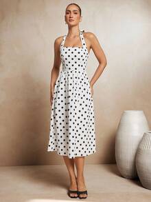 L'Amorae 无袖挂脖波点修身喇叭中长连衣裙 - 黑與白 - 查看 4