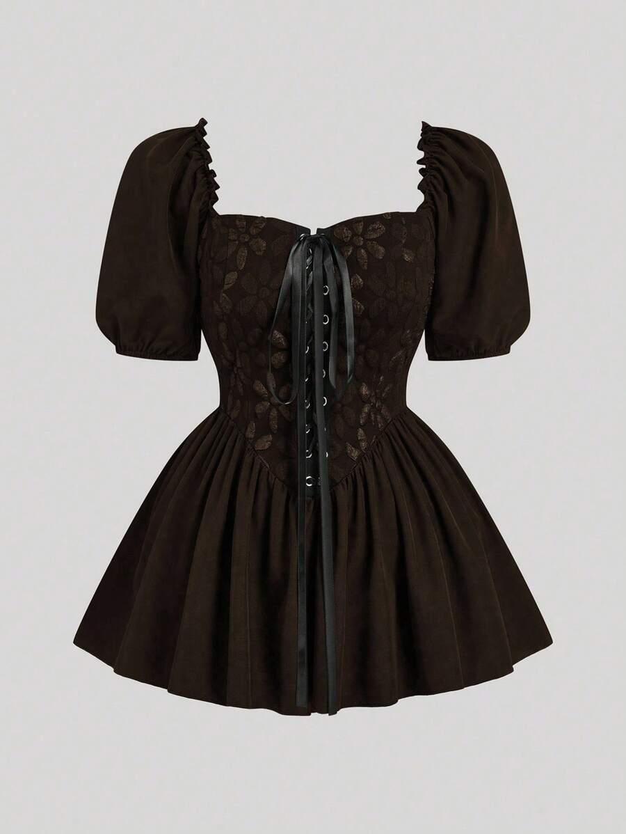 Sweetra Plus Size Punk Dark Style Square Collar Jacquard Patchwork Grommet Lace-Up Waist A-Line Shirt - Brown - View 1