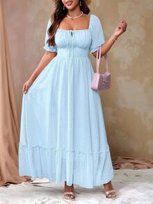 Flirla Vestido largo con escote cuadrado, lazo, volantes en el bajo, color rosa romántico y dulce, para usar en Pascua, talla grande