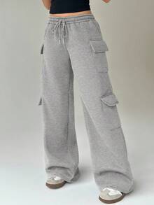 FavEase 女式抽绳腰部口袋阔腿慢跑裤，灰色，休闲街头风格，秋季 - 灰色 - 查看 3