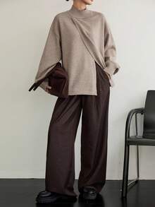 Dazy-Less 女士宽松商务休闲不对称领套头毛衣，纯色简约基本款上衣，秋冬 - 駝色 - 查看 6