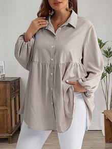 EMERY ROSE 大码冬季女式休闲条纹灯笼袖衬衫，秋季度假女装/女士秋季度假装 - 棕色 - 查看 4