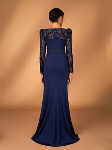 Serin Plus Size Elegant Navy Blue Winter Formal Evening Wedding Guest Dress,Sequin Embroidery Round Neck Long Sleeves Mermaid Hem Mother Of Bride Dress - Navy Blue - View 3