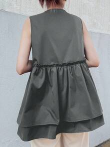 FRIFUL 女式 V 领无袖拉链拼接荷叶边下摆休闲宽松百搭背心 - 深灰色 - 查看 5