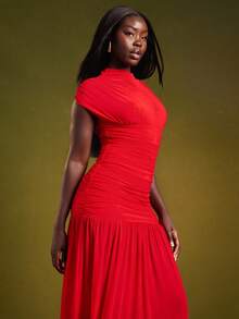 NYA SZN 红色褶饰立领超长连衣裙，带短袖，适合工作、婚礼宾客、节日派对和正式活动 - 紅色 - 查看 3