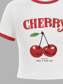 SHEIN Leap Crew 复古美国樱桃印花，青少年女孩修身休闲简约舒适圆领短袖 T 恤，适合夏季