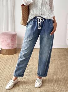 EMERY ROSE Mature Denim 女式休闲水洗抽绳腰牛仔裤 - 藍色 - 查看 1