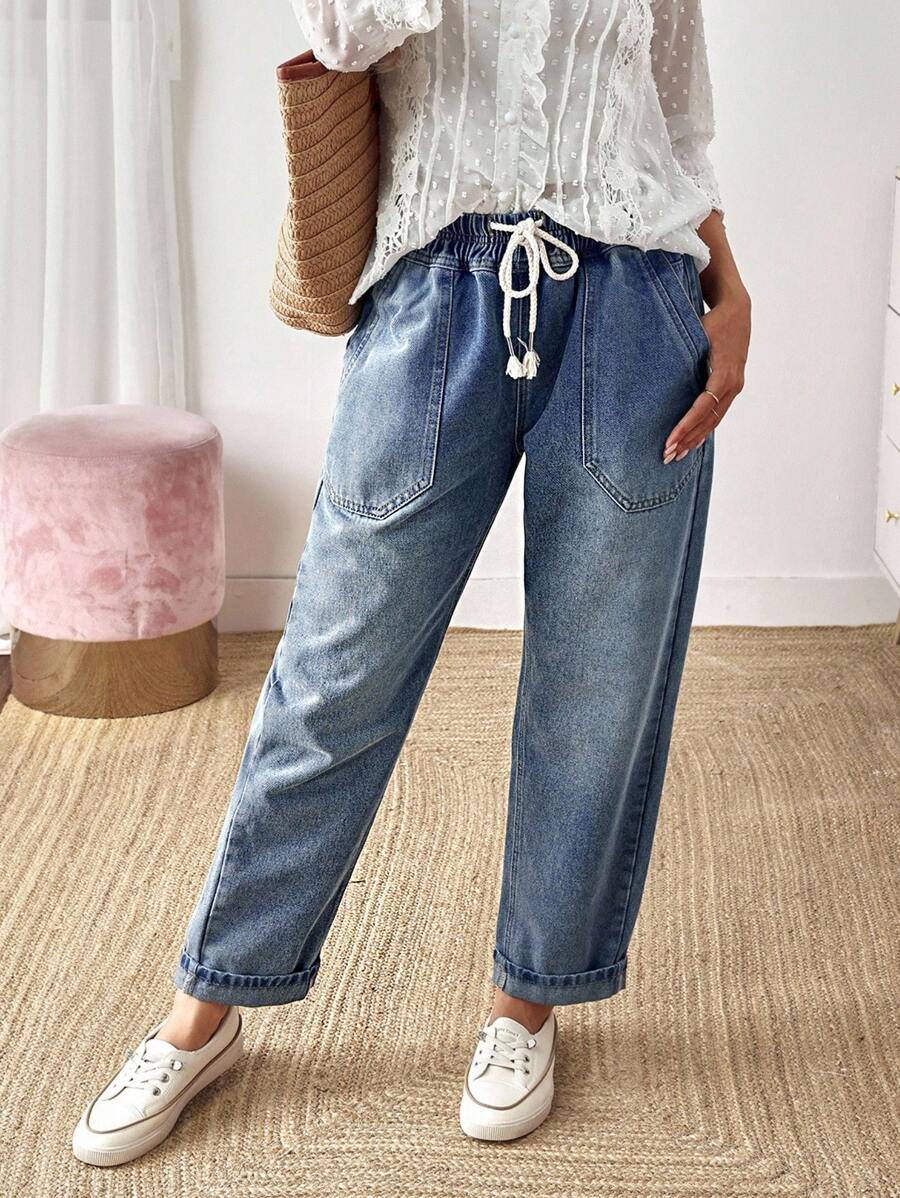 EMERY ROSE Mature Denim 女式休闲水洗抽绳腰牛仔裤 - 藍色 - 查看 1