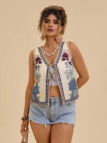 SHEIN VCAY Plus Size Casual Vacation Tropical Plant Hand-Drawn Line Print Tie-Up Loose Women Vest