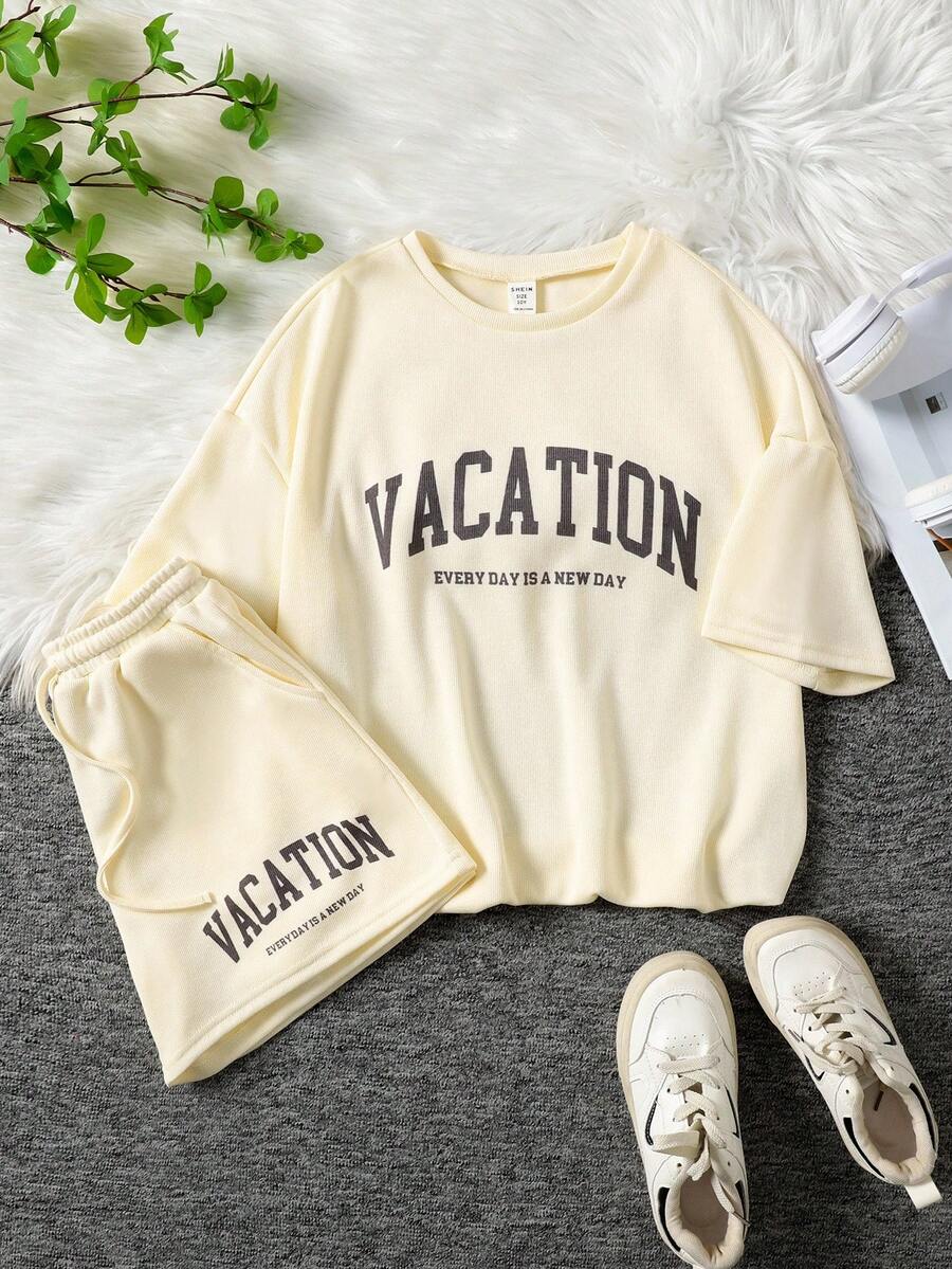 SHEIN Bộ đồ 2 món cổ tròn tay ngắn dệt kim thường ngày cho bé gái tuổi mới lớn - Màu Xám nhạt - Xem 1