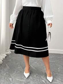 Elenzga Plus Size Women Casual Minimalist Color Block Trim Skirt - Black - View 4