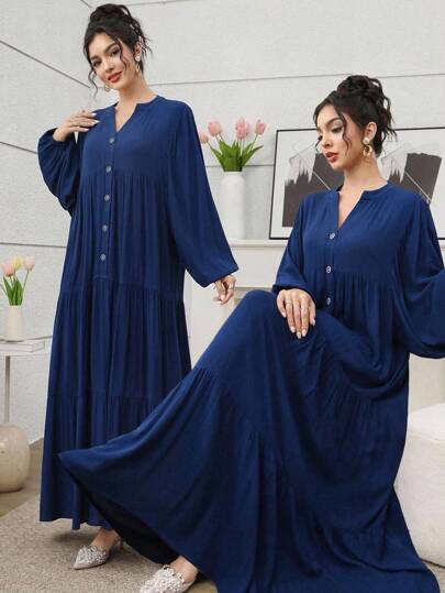SHEIN Najma V-Neck Button Lantern Sleeve Flared Hem Women's Arabic Style Dress
