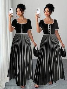 Elenzga Kooky Elegance Collection (Woe Is Me Vibes)(Wednesday Aesthetic) Plus Size Women's Summer New High-End Casual Basic French Retro Sexy Black And White Striped Knit Sleeveless V-Neck Design Fitted Elegant Versatile Blouse, Shirt, Dress