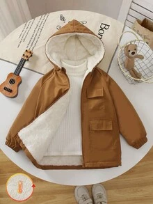 SHEIN 1 件年轻男孩休闲风格卡其色加厚白色羊毛连帽长袖连体裤，简约时尚个性化百搭，适合 4-7 岁男孩日常休闲装返校季