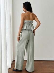 SHEIN PETITE Petite Green Woven 女士休闲套装，抹胸上衣+裤子，适合假日休闲 - 綠色 - 查看 2