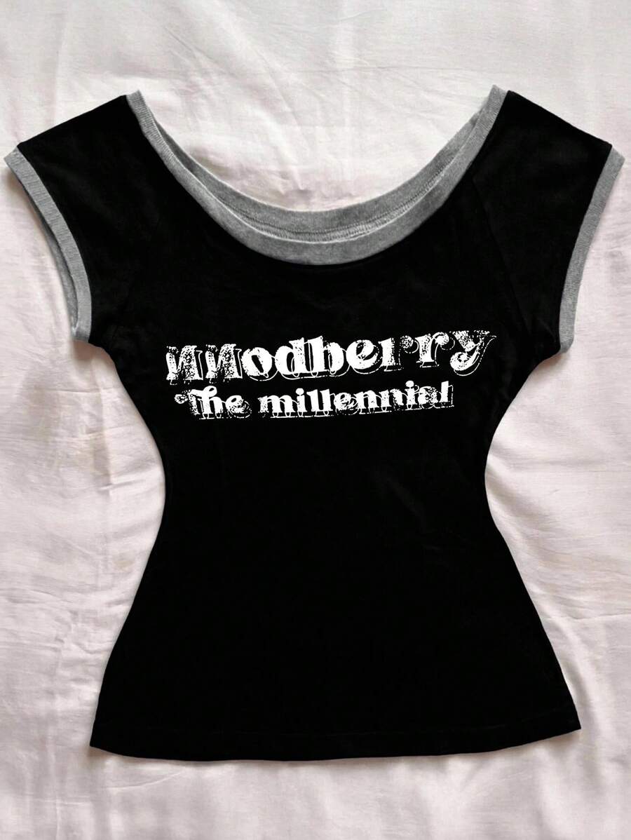 INAWLY Women's Letter Print Round Neck Minimalist T-Shirt - Black - View 1
