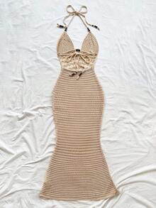 Soleia Women's Vacation Casual Backless Halter Knit Dress Crochet Maxi Dress Summer Maxi Dress Beach Maxi Dress Crochet Dress Vacation Dress In Fall/Winter
