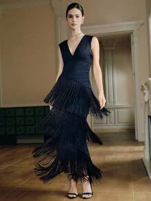 Anewsta 女士新款优雅无袖流苏蓝色长裙，适合宴会、生日派对、酒会