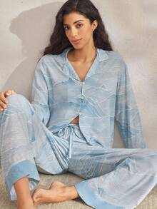 Ocili Comfortable Natural Geometric Mountain Texture Pattern Loose Long Sleeve Top & Pants Women Pajama Set Lounge Sets For Women Sleepwear, Fall Winter Clothes - Blue - View 6