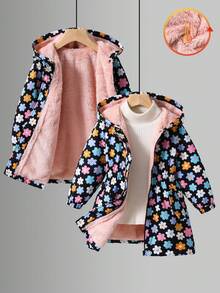 SHEIN 女童休闲百搭秋冬连帽中长款羽绒服，花卉图案保暖连帽羽绒服，秋冬羽绒服，长袖外套，连帽外套，女童冬季外套，女童冬季外套，花卉图案外套，女童保暖外套，女童连帽冬季外套，花卉图案外套，冬季外套，女童秋季 - 黑色 - 查看 3