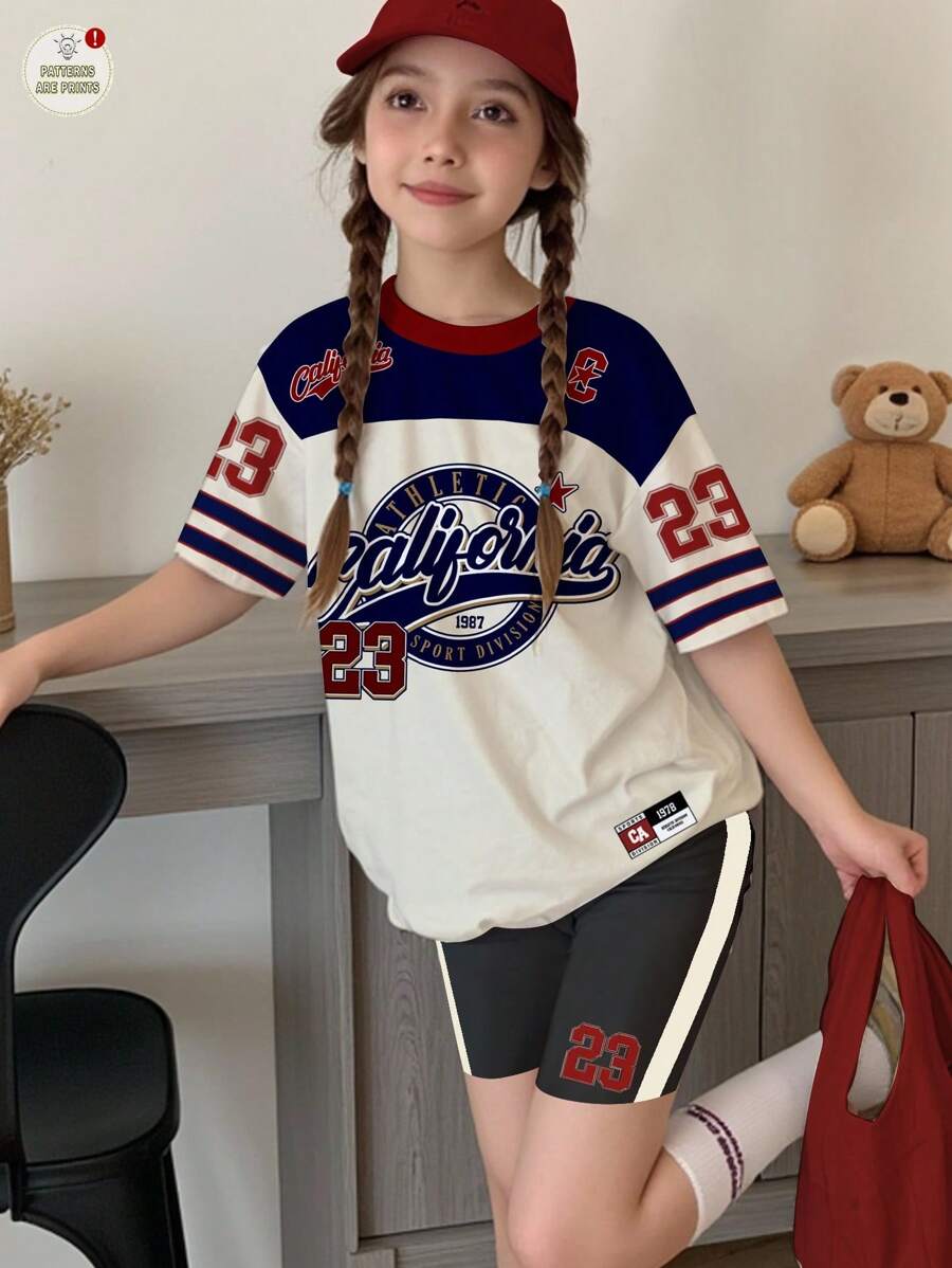 SHEIN 2件組 青少年女孩復古字母數字印花休閒短褲與短袖T恤套裝，米色，夏季，休閒，學校，返校，運動休閒 - 彩色 - 查看 1