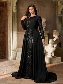 Aureia Đầm dạ hội cỡ lớn dành cho mùa thu đông, thanh lịch, lãng mạn, lộng lẫy, màu đen đính sequin, chất liệu satin, cổ tròn, tay dài xếp ly bất đối xứng, dáng ôm đuôi cá, thích hợp cho tiệc tối, tiệc độc thân, hẹn hò, kỳ nghỉ, lễ hội âm nhạc, mùa tựu trường, đám cưới, sự kiện, ngày Valentine. - màu đen - Xem 3