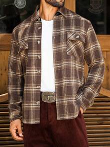 Manfinity Nomadique 男士休闲格子外套，春秋季法兰绒格子夹克男士乡村风纽扣领西部夹克 - 彩色 - 查看 4