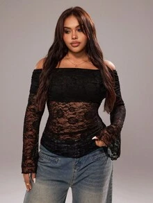 Rustia Áo cánh tay loe hở vai thanh lịch gợi cảm cỡ lớn dành cho nữ - màu đen - Xem 5