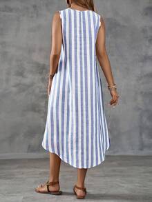 EMERY ROSE Summer Vacation Casual Colorblock Striped Asymmetric Hem Sleeveless Dress - Multicolor - View 2