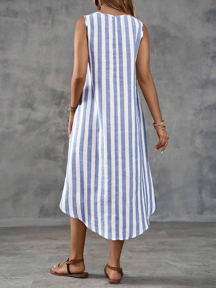 Summer Vacation Casual Colorblock Striped Asymmetric Hem Sleeveless Dress