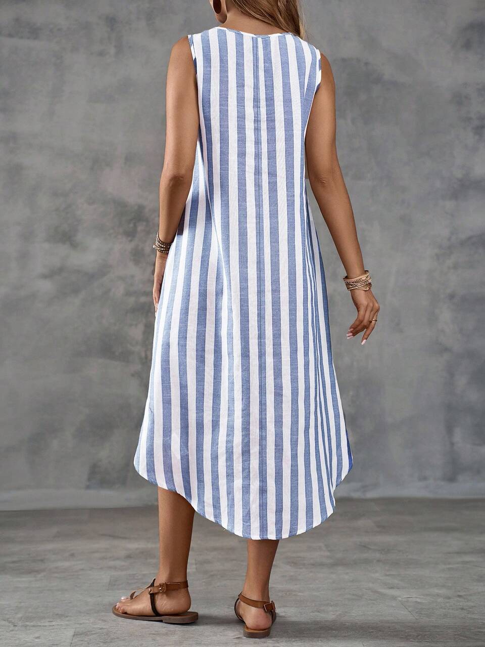 Summer Vacation Casual Colorblock Striped Asymmetric Hem Sleeveless Dress