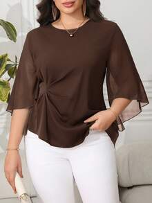 Reflora Plus Size Women's Solid Color Round Neck Mesh Flare Sleeve Ruched Waist Elegant Blouse/Fall/Winter - Coffee Brown - View 3