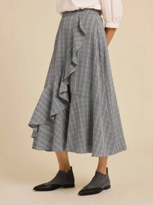 SHEIN LUNE Women Striped Ruffle Hem Casual A-Line Mid-Length Skirt Valentine's Day Going Out Outfits - Multicolor - View 4