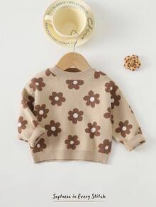 Cozy Pixies Suéter de cuello redondo de manga larga con estampado floral para niña, versátil y cómodo - Multicolor - Ver 5