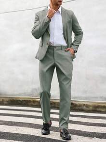 Manfinity Mode 男士纯色翻领长袖西装外套和裤子套装