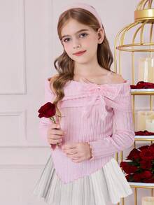 SHEIN Girlism 少女罗纹露肩褶饰蝴蝶结装饰不对称下摆长袖修身甜美 T 恤，粉色，适合派对、返校、优雅法式、公主、婚礼、生日