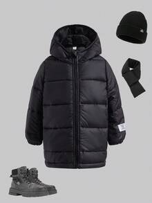SHEIN Kleine Jungen Schwarzer Steppmantel in Mittellänge, warm, lässig, vielseitig, dicker Winterjacke