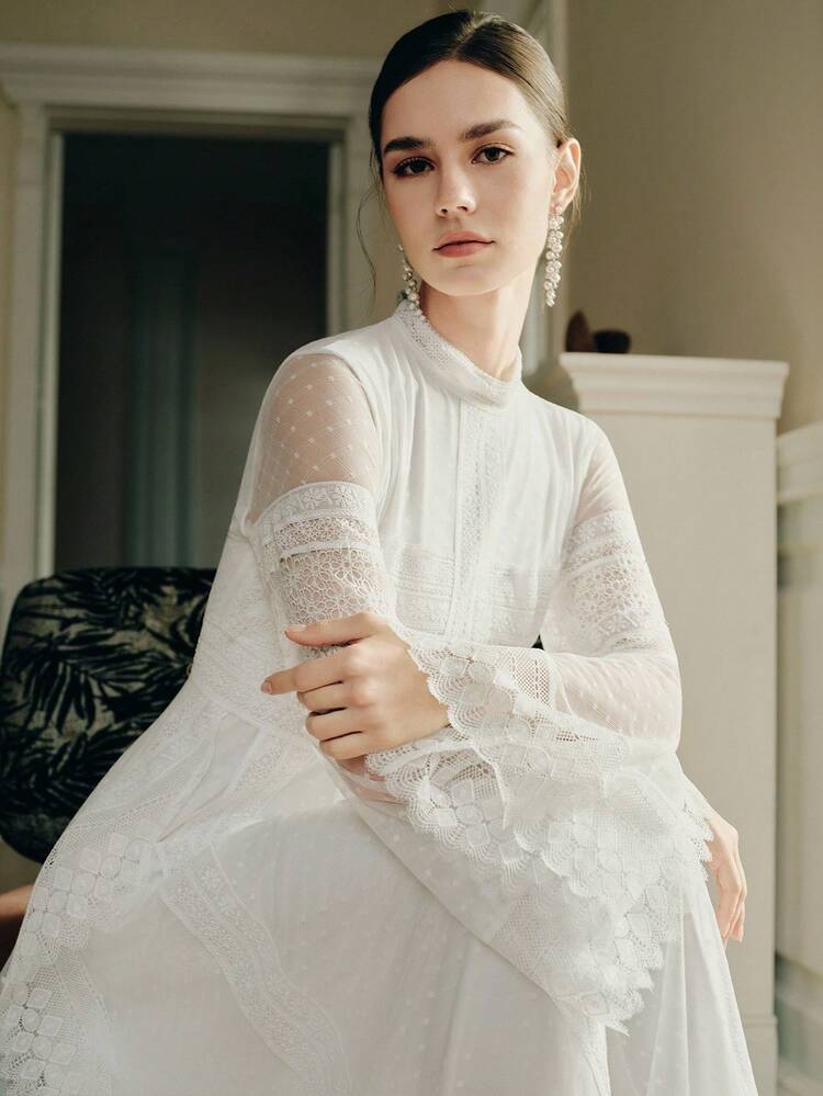 Elegant & Gentle Embroidered Polka Dot Lace Patchwork Long Sleeve Stand Collar Party Dress, Vacation Style