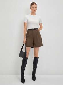 BizChic Women's Loose Casual Shorts With Slant Pockets, Solid Color (No Belt), Chic And Elegant For Urban Commute, Daily Wear, Romantic 90s Retro, Suitable For Christmas, New Year, Valentine's Day, Party, Beach, Graduation, Fashion, Carnival, Holiday, Wedding Guest, Brunch, Airport, Multi-Occasion - Brown - View 8
