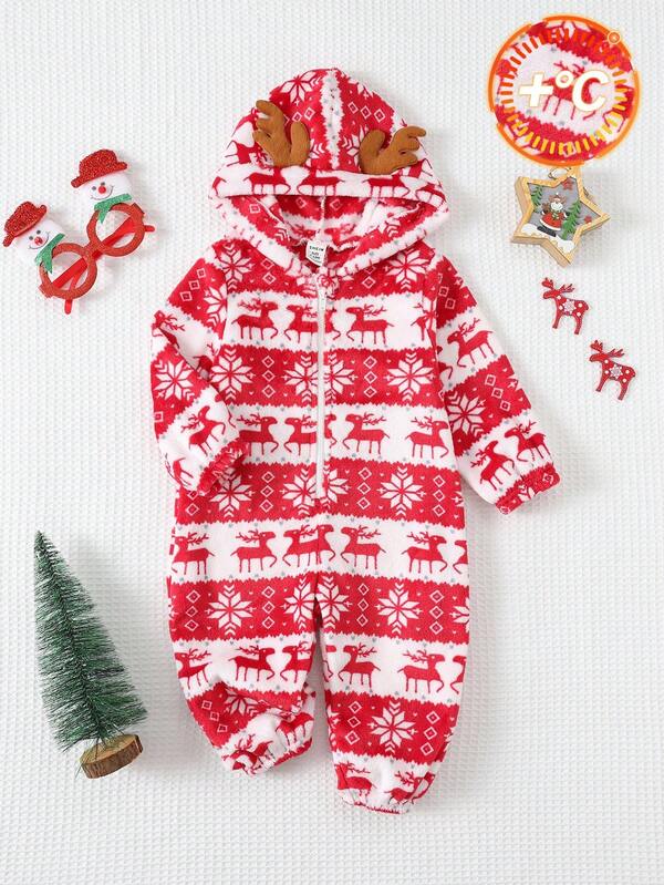 SHEIN Newborn Baby Boy/Girl Cute Christmas Reindeer & Tree Thick Plush Jumpsuit