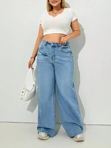 RueChic Plus, Wash Detailed Frayed Hem Wideleg Jean - Medium Wash - View 4