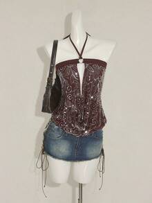 SHEIN ICON 女式亮片垂坠领上衣，复古 Y2K 风格性感透视网眼露背亮片衬衫，修身版型 - 棕色 - 查看 5