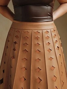 Anewsta Váy da PU màu nâu nhạt dáng rộng dáng chữ A cho nữ cỡ lớn mùa thu và đông phong cách cổ điển, thanh lịch, đơn giản, hiện đại và thời trang đi làm đi chơi đi làm - Cà phê nâu - Xem 5