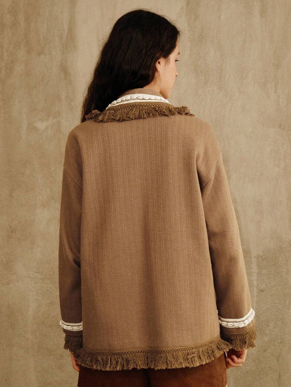 Women's Elegant Hand-Knitted Floral Tassel Shell Decor Cardigan,Khaki,Autumn,Boho,Tea Party,Winter,Chic,New Year,Christmas,Wedding,Graduation