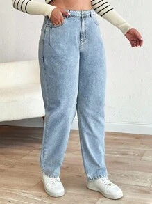 EURMUSE Cottnline Mom Fit Plus Jeans With Snow Wash, - Medium Wash - View 4