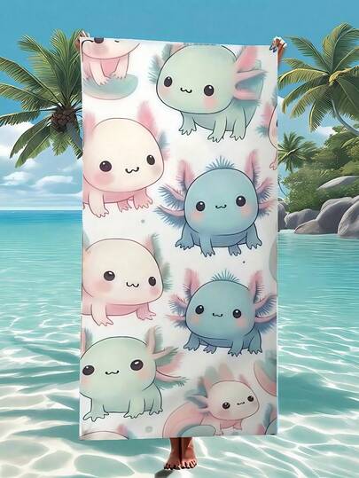 SHEIN 1pc Super Soft Cartoon Axolotl Beach Towel - Polyester, Lightweight, Machine Washable, Absorbent, Multi-Purpose For Sports, Spa, Yoga, Hotel, GymTravel Essentials Travel Accessories Beach Essentials