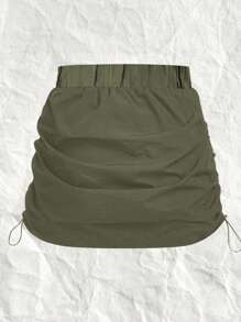 SHEIN EZwear CURVE 大码女式字母刺绣橄榄绿梭织半身裙 - 軍綠色 - 查看 2